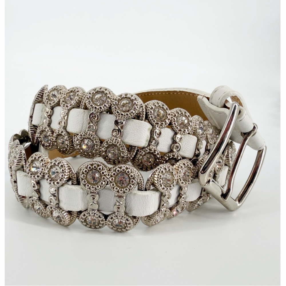 Berge Made in Italy Vintage White Silver Leather Metal Rhinestone Belt
